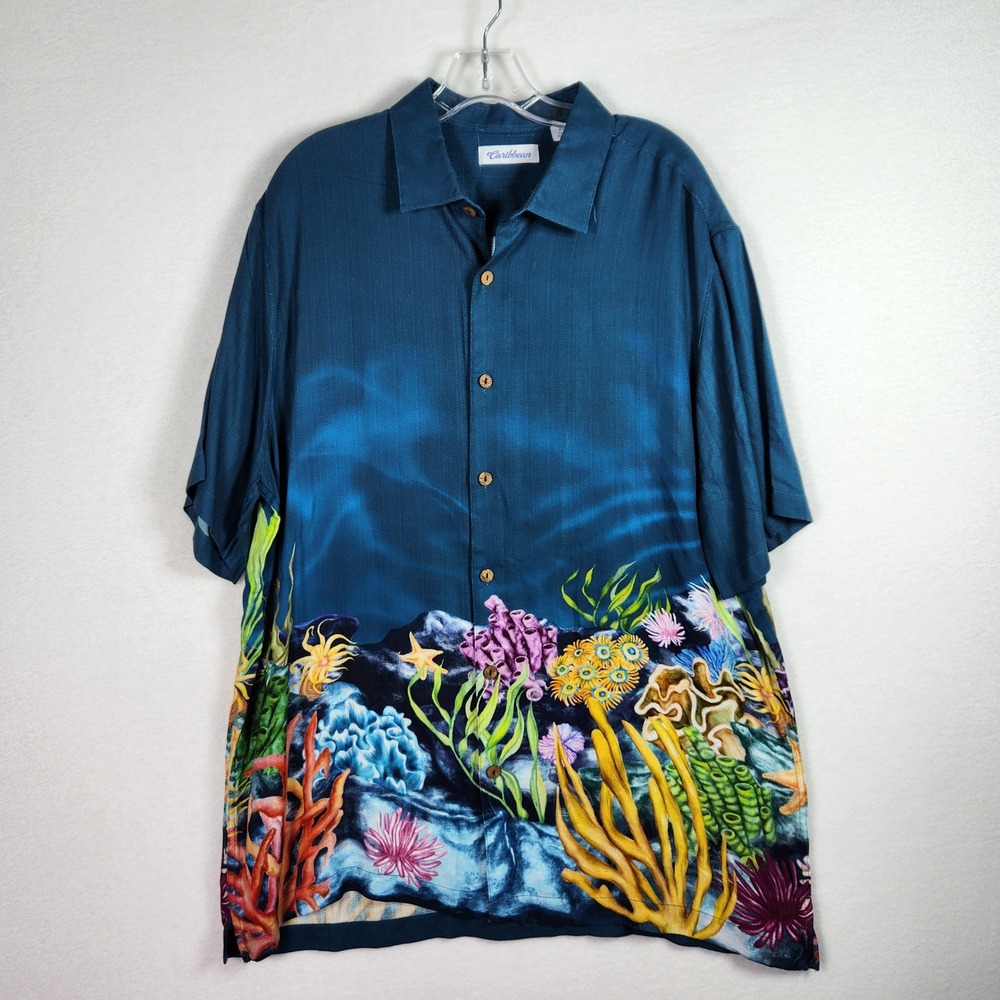Caribbean Button Down Shirt Mens XL Blue Coral Reef Tropical Beach Aloha Resort